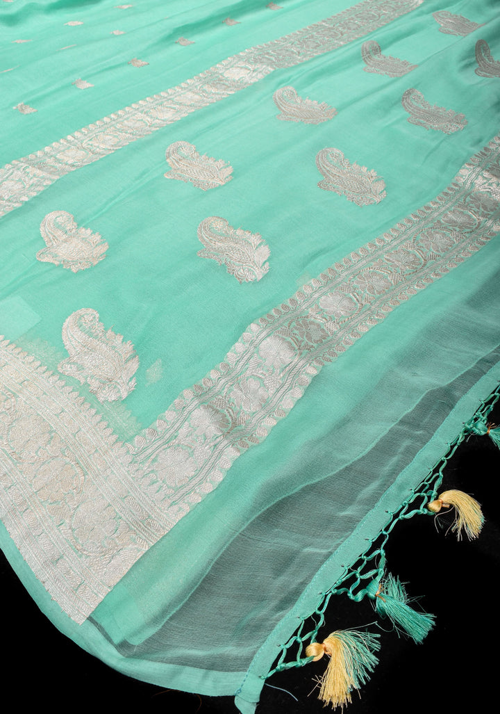 Pure Silk Chiffon Saree in Light Aqua with Silver Tone Zari Buttas & Border | SILK MARK CERTIFIED