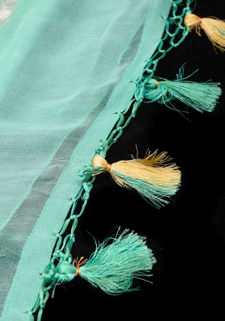 Pure Silk Chiffon Saree in Light Aqua with Silver Tone Zari Buttas & Border | SILK MARK CERTIFIED
