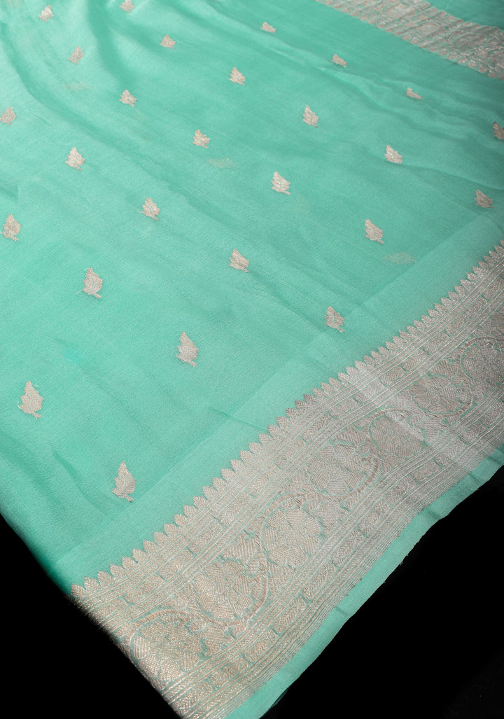 Pure Silk Chiffon Saree in Light Aqua with Silver Tone Zari Buttas & Border | SILK MARK CERTIFIED