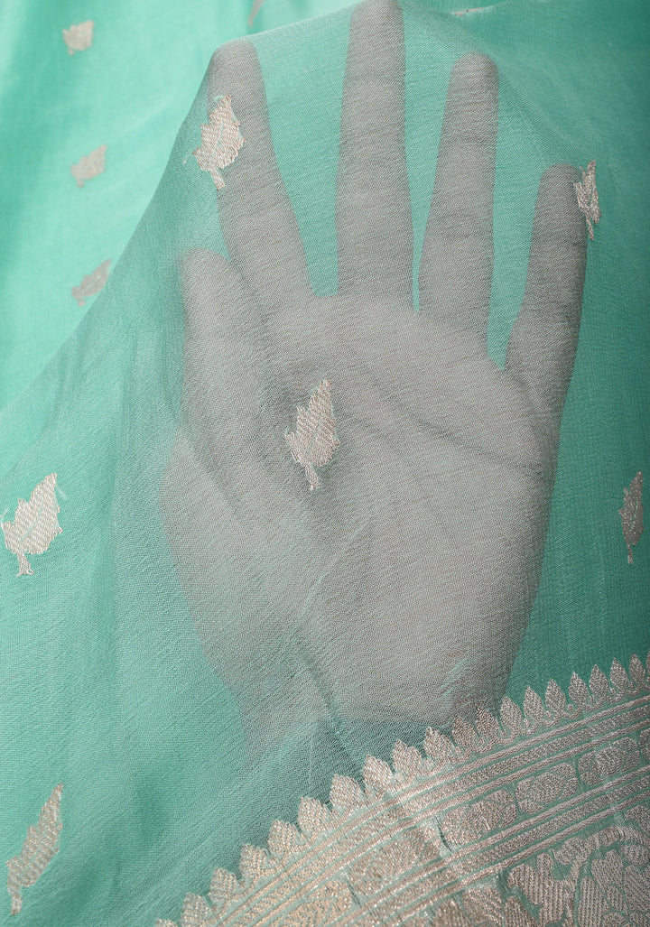 Pure Silk Chiffon Saree in Light Aqua with Silver Tone Zari Buttas & Border | SILK MARK CERTIFIED