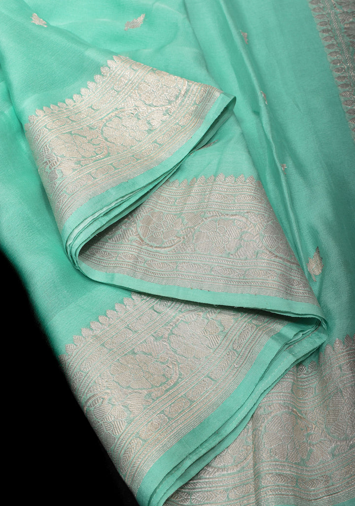 Pure Silk Chiffon Saree in Light Aqua with Silver Tone Zari Buttas & Border | SILK MARK CERTIFIED