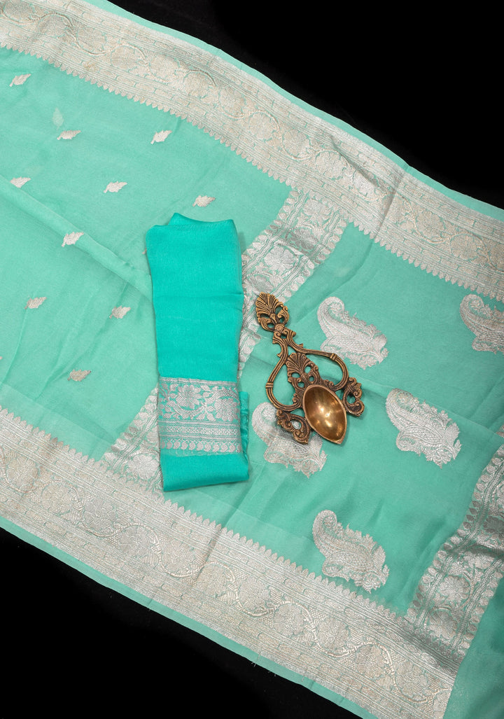Pure Silk Chiffon Saree in Light Aqua with Silver Tone Zari Buttas & Border | SILK MARK CERTIFIED