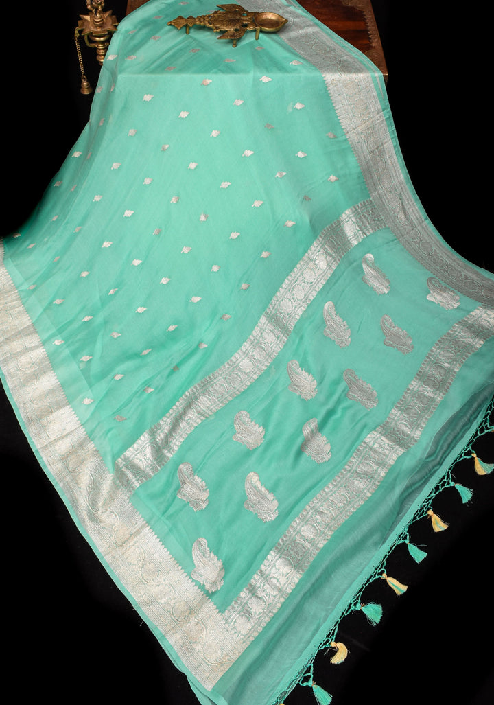 Pure Silk Chiffon Saree in Light Aqua with Silver Tone Zari Buttas & Border | SILK MARK CERTIFIED