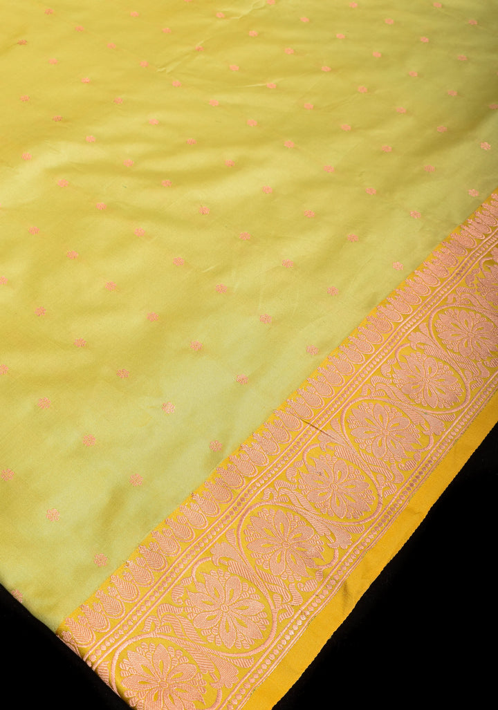 Dewy Green Banarasi Katan Silk Saree with Chunri Buttis and Mustard contrast | SILK MARK CERTIFIED