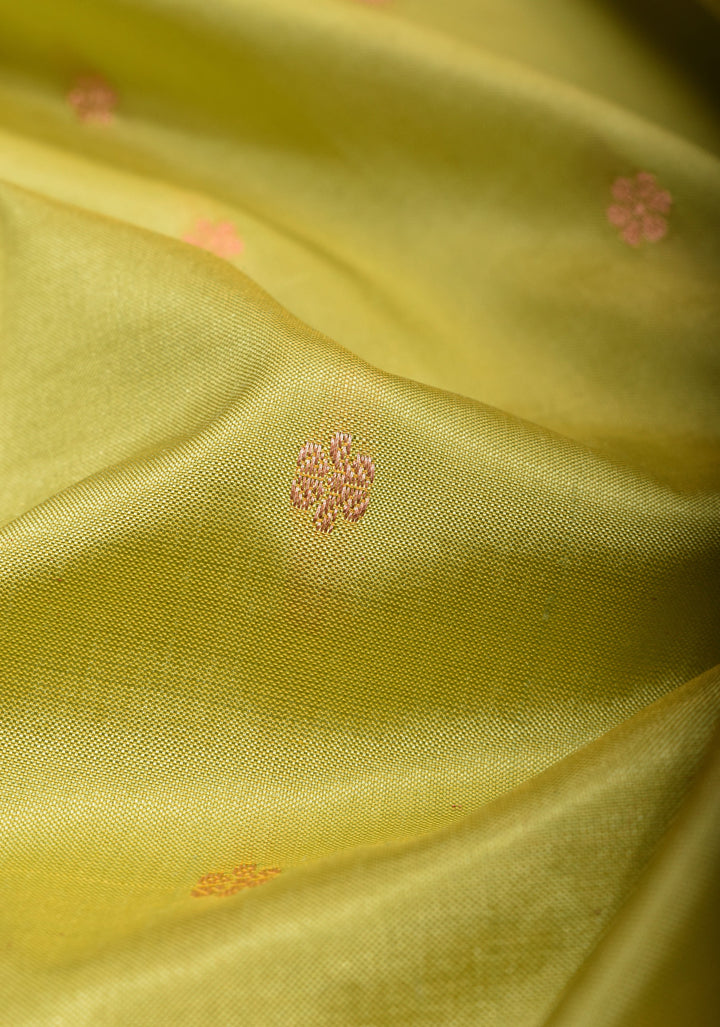 Dewy Green Banarasi Katan Silk Saree with Chunri Buttis and Mustard contrast | SILK MARK CERTIFIED