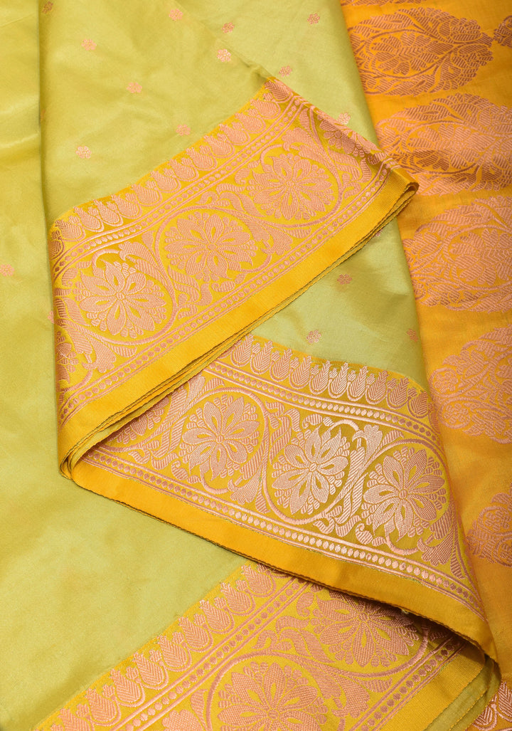 Dewy Green Banarasi Katan Silk Saree with Chunri Buttis and Mustard contrast | SILK MARK CERTIFIED