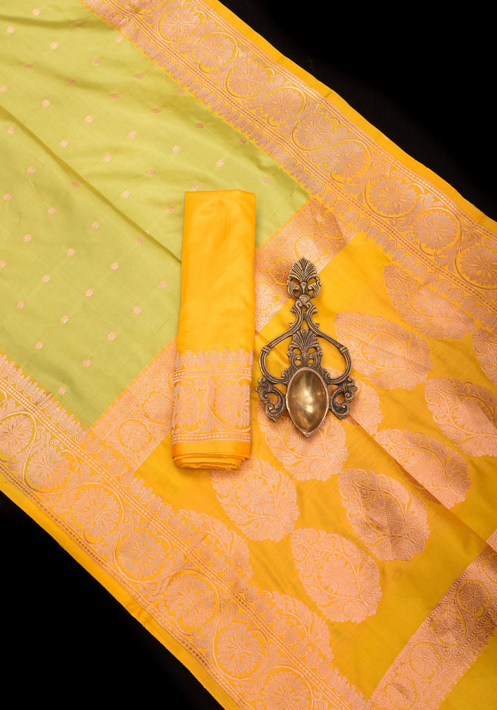 Dewy Green Banarasi Katan Silk Saree with Chunri Buttis and Mustard contrast | SILK MARK CERTIFIED