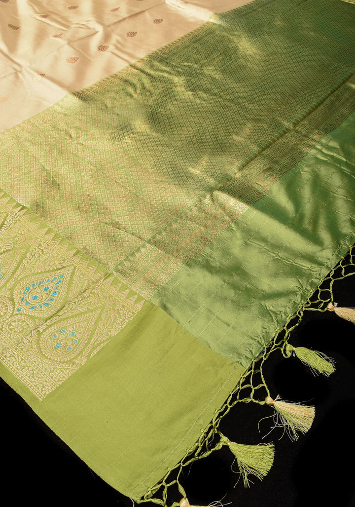 Beige Banarasi Pure Katan Silk Saree with Green Meenakari Border and Buttas | SILK MARK CERTIFIED