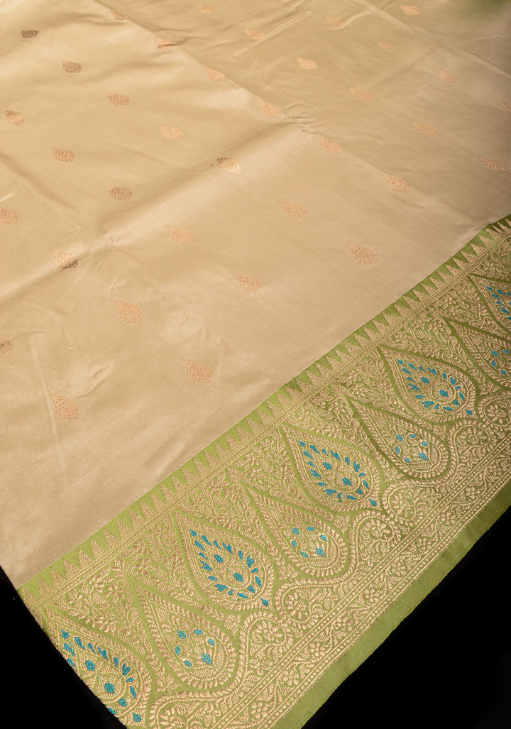 Beige Banarasi Pure Katan Silk Saree with Green Meenakari Border and Buttas | SILK MARK CERTIFIED