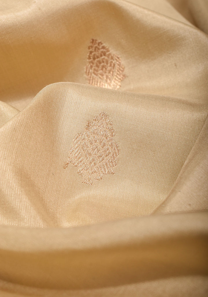 Beige Banarasi Pure Katan Silk Saree with Green Meenakari Border and Buttas | SILK MARK CERTIFIED