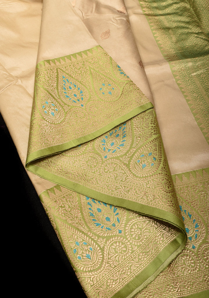 Beige Banarasi Pure Katan Silk Saree with Green Meenakari Border and Buttas | SILK MARK CERTIFIED