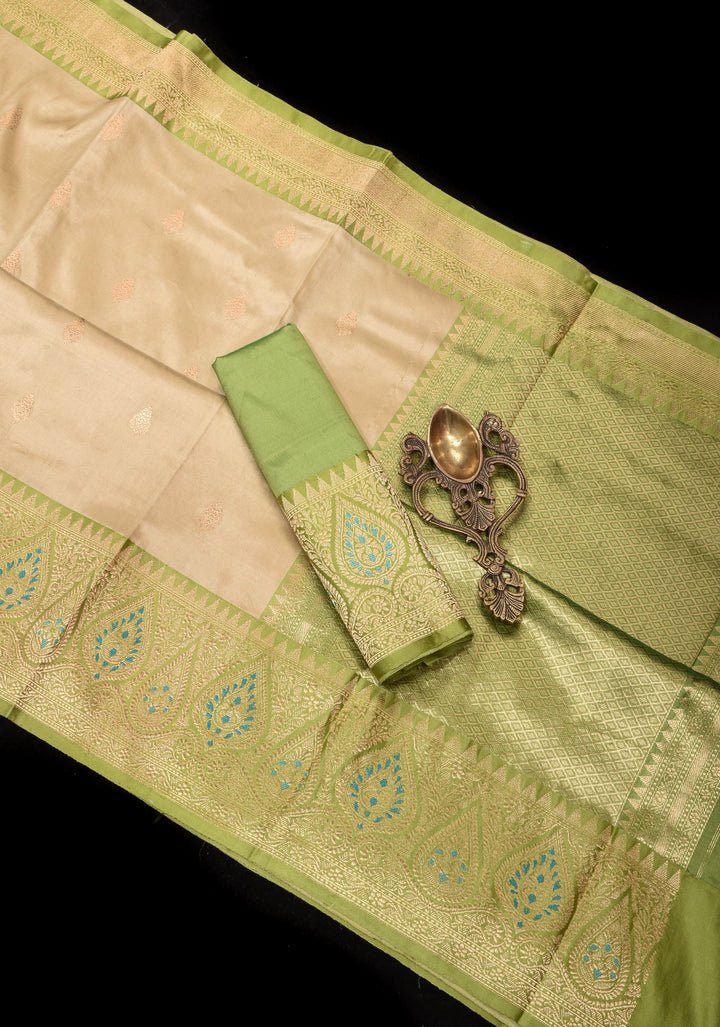 Beige Banarasi Pure Katan Silk Saree with Green Meenakari Border and Buttas | SILK MARK CERTIFIED