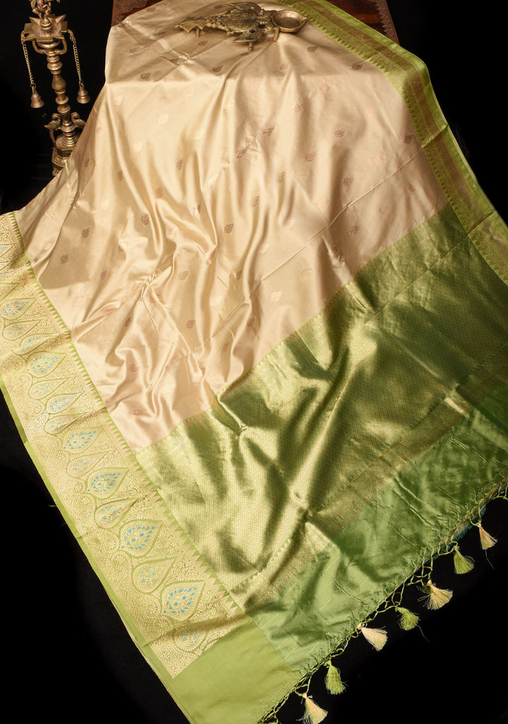 Beige Banarasi Pure Katan Silk Saree with Green Meenakari Border and Buttas | SILK MARK CERTIFIED