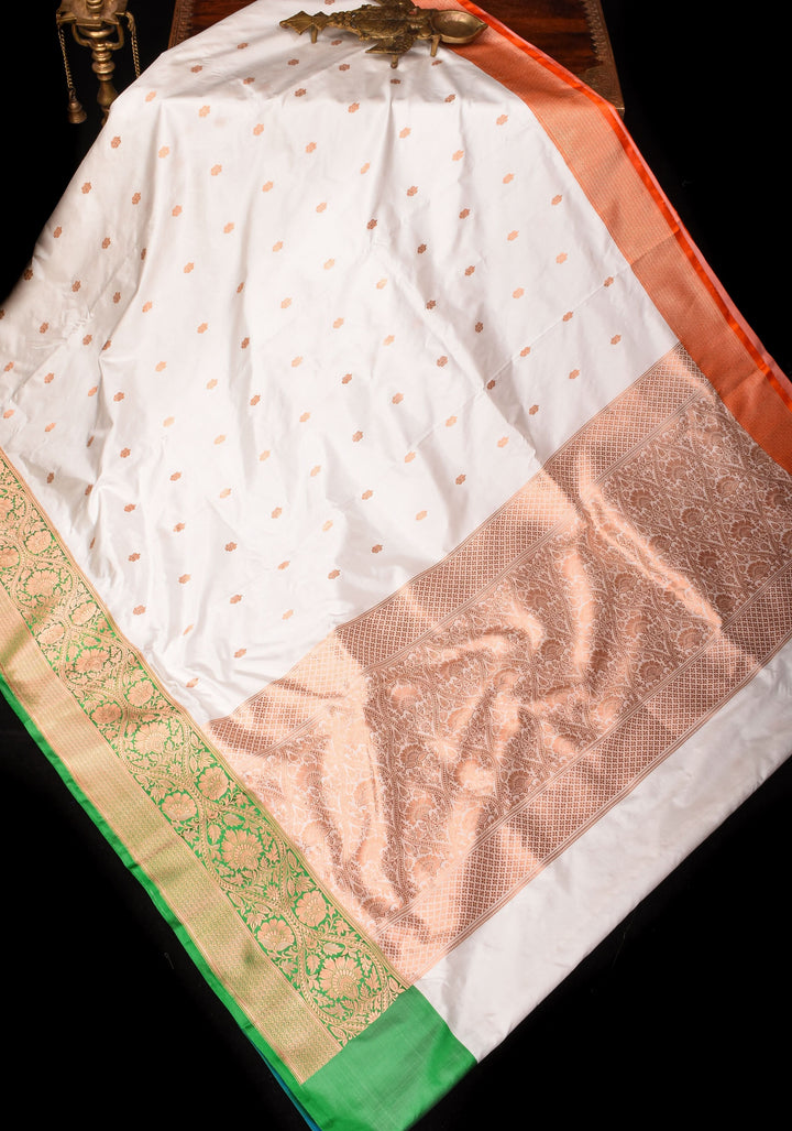 Tricolor Banarasi Pure Katan Silk saree with Blue Blouse piece | SILK MARK CERTIFIED