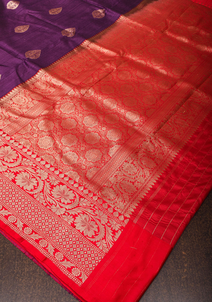 Deep Purple Green Tussar Silk Saree with Antique tone Zari buttas and Red Contrast | SILK MARK CERTIFIED