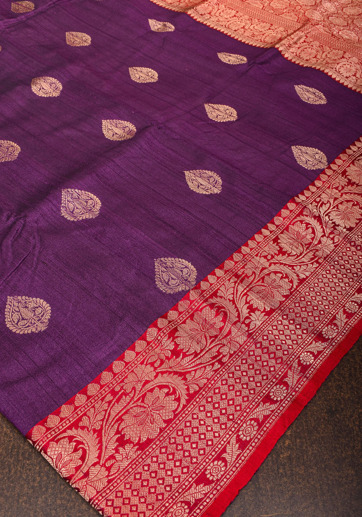 Deep Purple Green Tussar Silk Saree with Antique tone Zari buttas and Red Contrast | SILK MARK CERTIFIED