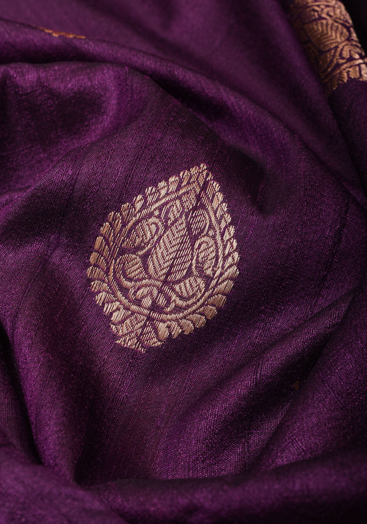 Deep Purple Green Tussar Silk Saree with Antique tone Zari buttas and Red Contrast | SILK MARK CERTIFIED