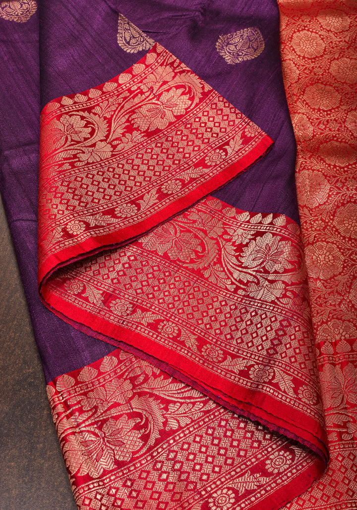 Deep Purple Green Tussar Silk Saree with Antique tone Zari buttas and Red Contrast | SILK MARK CERTIFIED