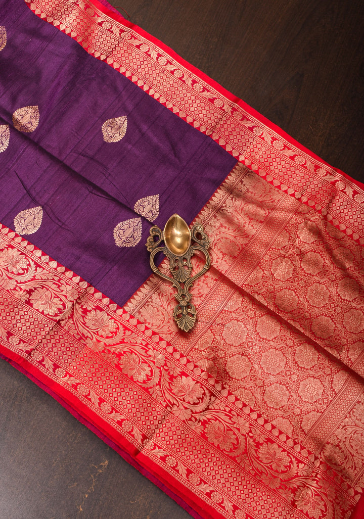 Deep Purple Green Tussar Silk Saree with Antique tone Zari buttas and Red Contrast | SILK MARK CERTIFIED