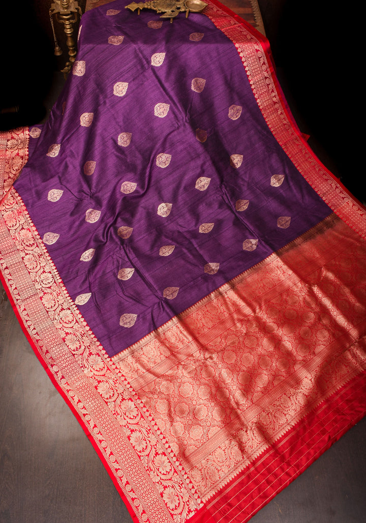 Deep Purple Green Tussar Silk Saree with Antique tone Zari buttas and Red Contrast | SILK MARK CERTIFIED