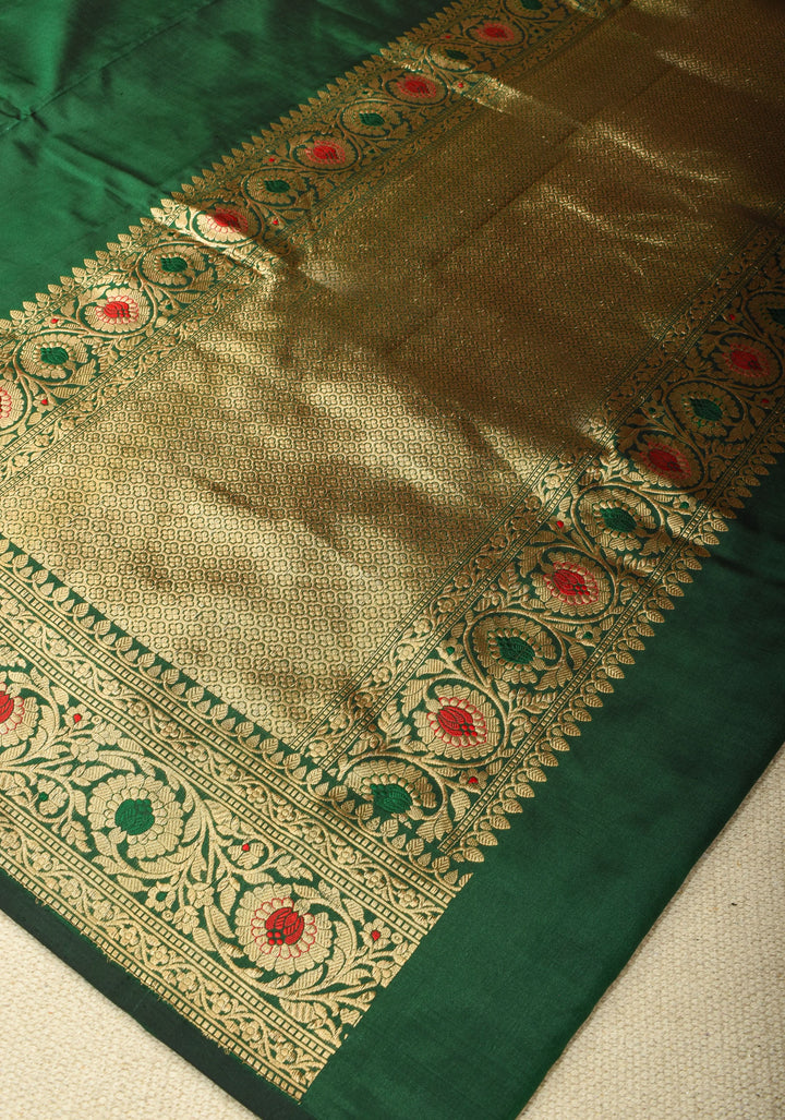 Bottle Green Banarasi Katan Silk Saree with Meenakari Zari Border  | SILK MARK CERTIFIED