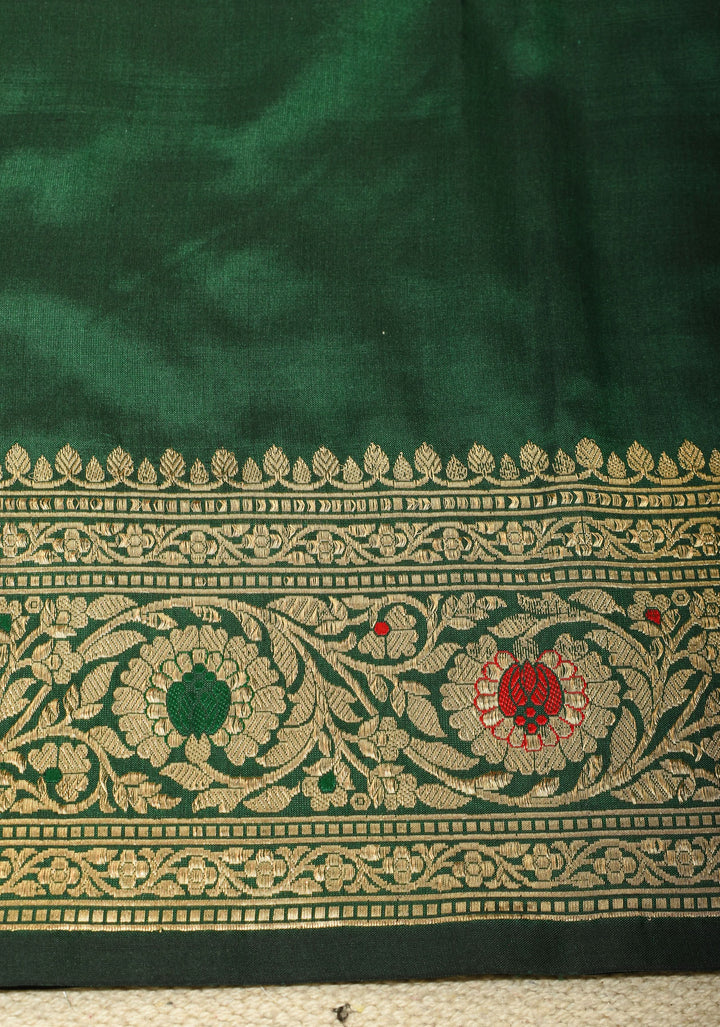 Bottle Green Banarasi Katan Silk Saree with Meenakari Zari Border  | SILK MARK CERTIFIED