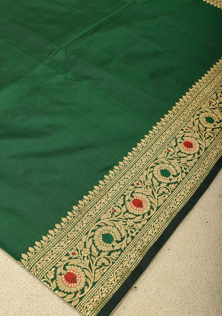 Bottle Green Banarasi Katan Silk Saree with Meenakari Zari Border  | SILK MARK CERTIFIED