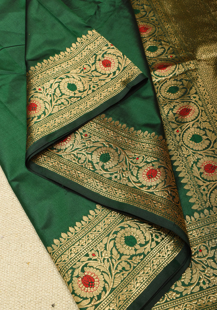 Bottle Green Banarasi Katan Silk Saree with Meenakari Zari Border  | SILK MARK CERTIFIED