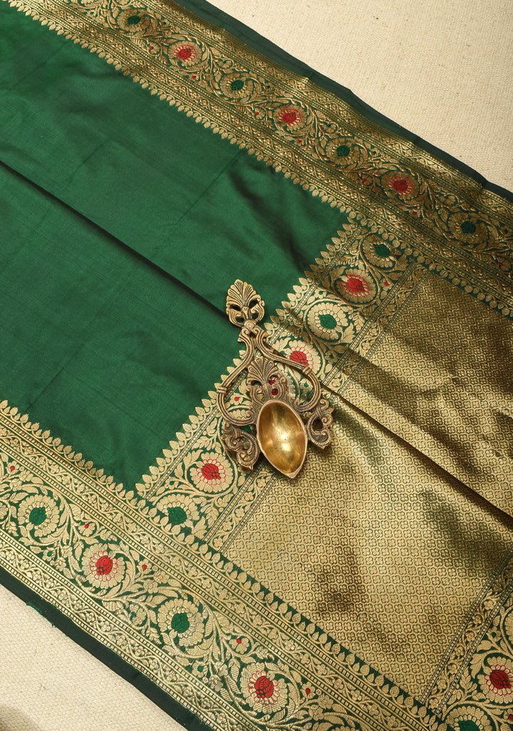 Bottle Green Banarasi Katan Silk Saree with Meenakari Zari Border  | SILK MARK CERTIFIED