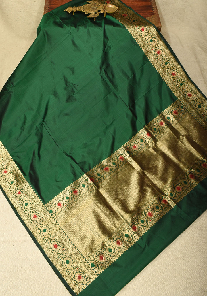 Bottle Green Banarasi Katan Silk Saree with Meenakari Zari Border  | SILK MARK CERTIFIED