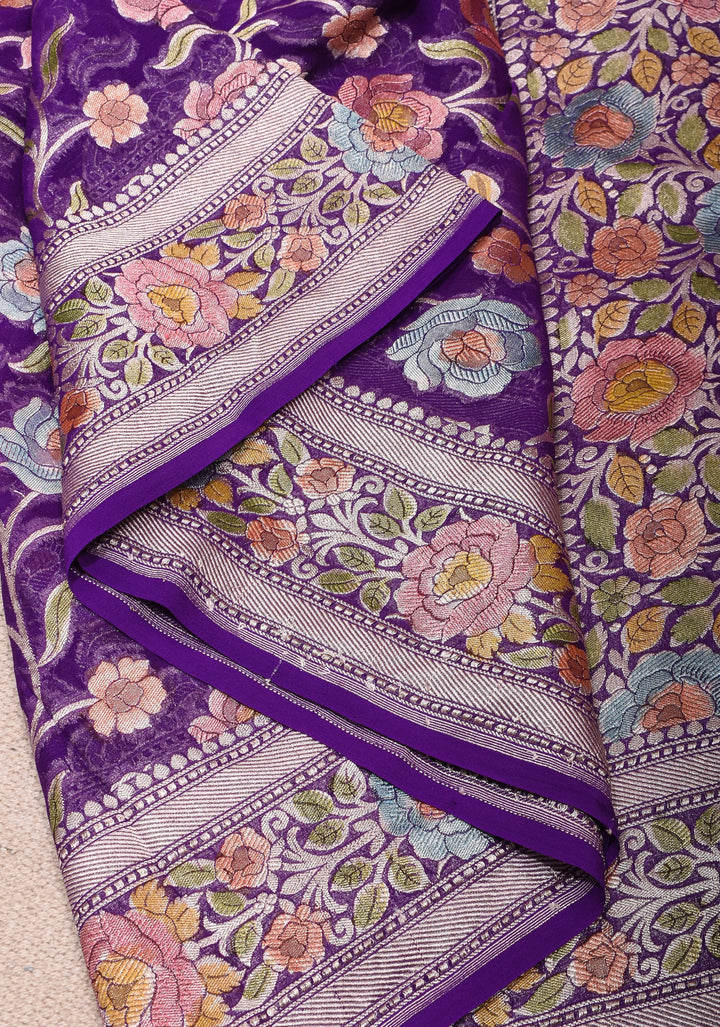 Hand Brush Dye Purple Banarasi Pure Silk Georgette Saree with floral zari border | SILK MARK CERTIFIED