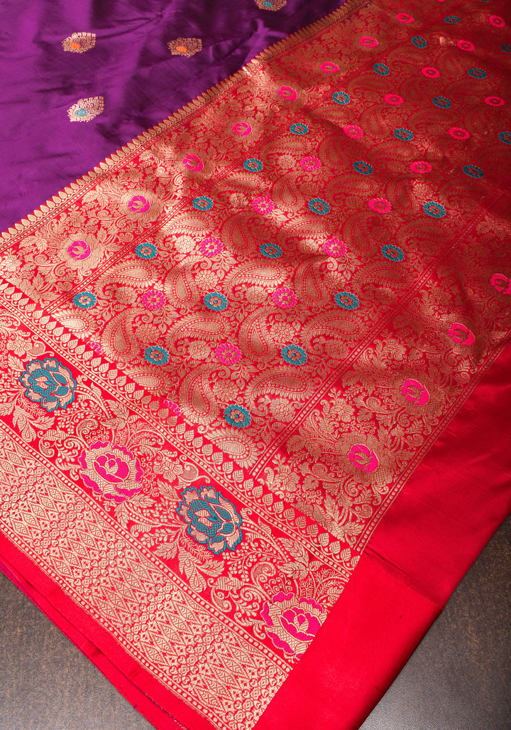 Purple Banarasi Katan Silk Saree with Meenakari Buttas and Contrast Red Border| SILK MARK CERTIFIED
