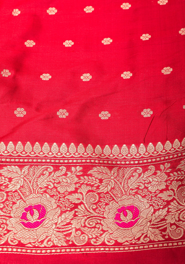 Purple Banarasi Katan Silk Saree with Meenakari Buttas and Contrast Red Border| SILK MARK CERTIFIED