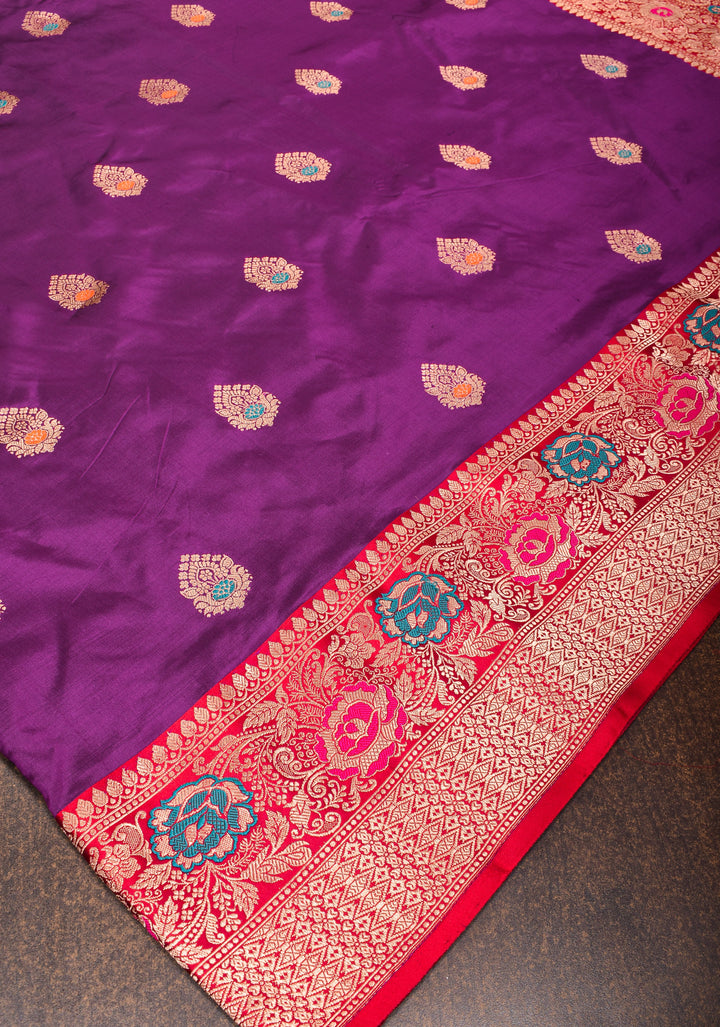 Purple Banarasi Katan Silk Saree with Meenakari Buttas and Contrast Red Border| SILK MARK CERTIFIED