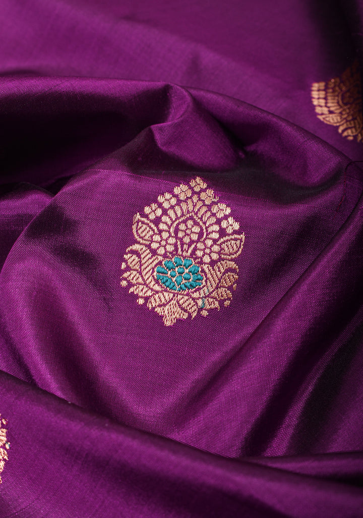 Purple Banarasi Katan Silk Saree with Meenakari Buttas and Contrast Red Border| SILK MARK CERTIFIED