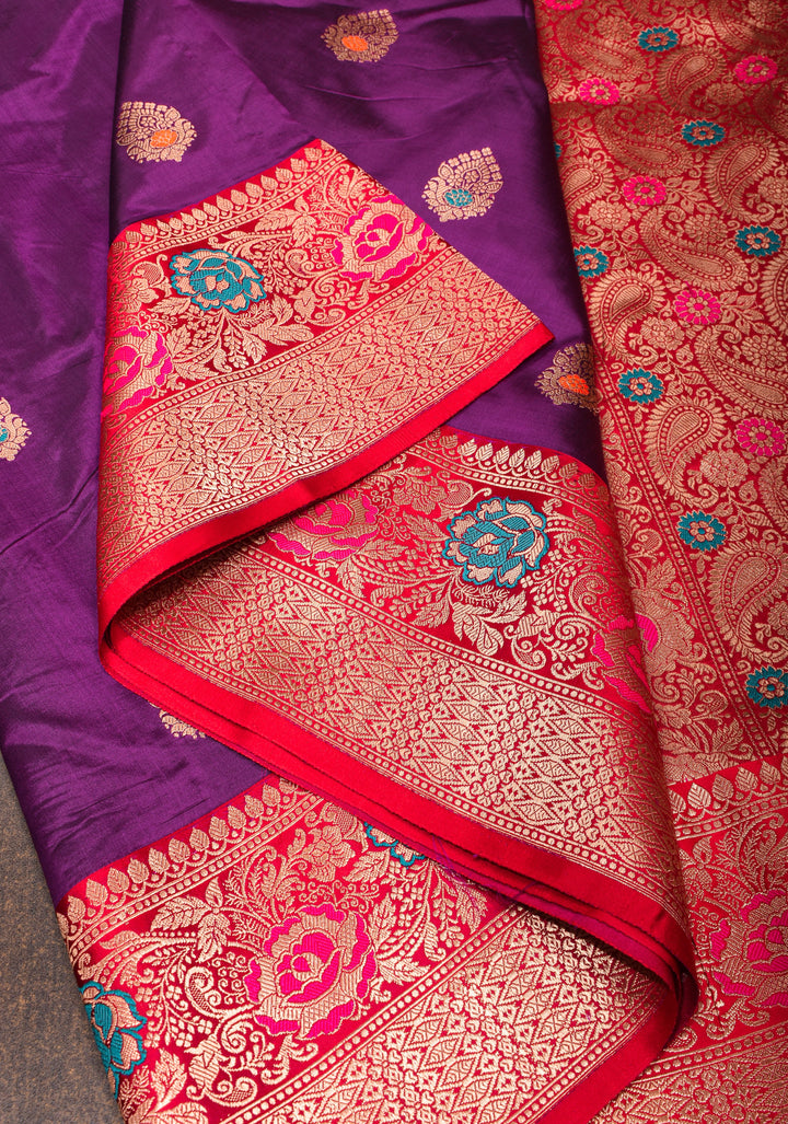 Purple Banarasi Katan Silk Saree with Meenakari Buttas and Contrast Red Border| SILK MARK CERTIFIED