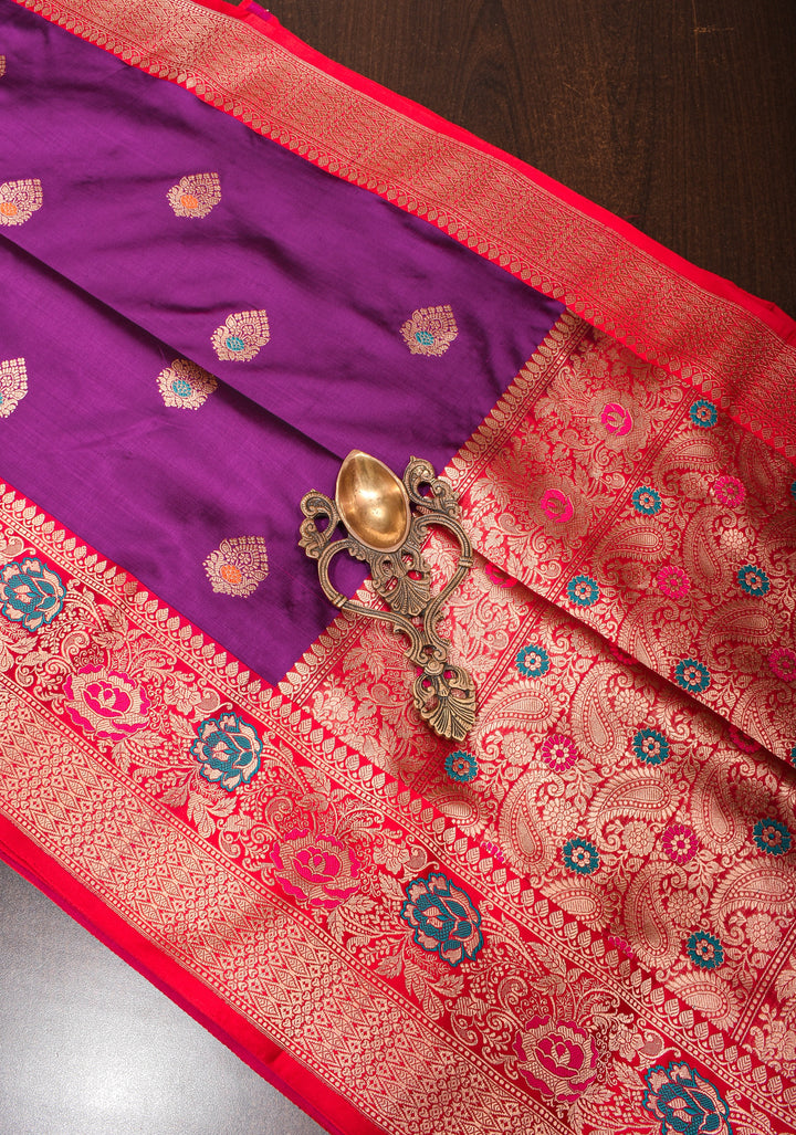Purple Banarasi Katan Silk Saree with Meenakari Buttas and Contrast Red Border| SILK MARK CERTIFIED