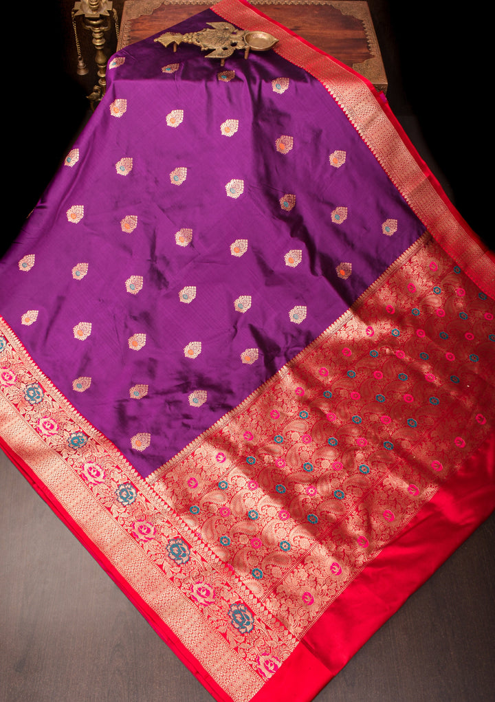 Purple Banarasi Katan Silk Saree with Meenakari Buttas and Contrast Red Border| SILK MARK CERTIFIED
