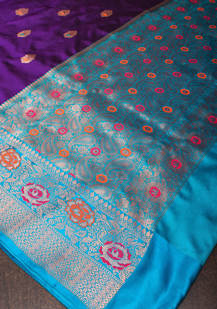 Banarasi Katan Silk Saree in Purple with Meenakari Buttas and Contrast Blue Borders| SILK MARK CERTIFIED