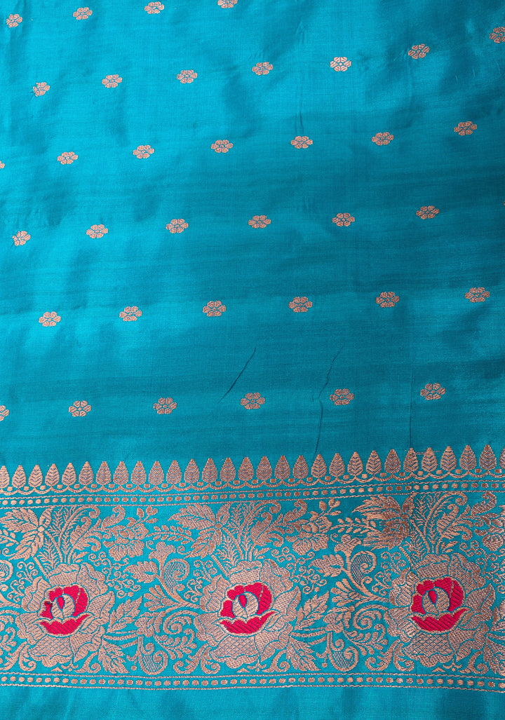Banarasi Katan Silk Saree in Purple with Meenakari Buttas and Contrast Blue Borders| SILK MARK CERTIFIED