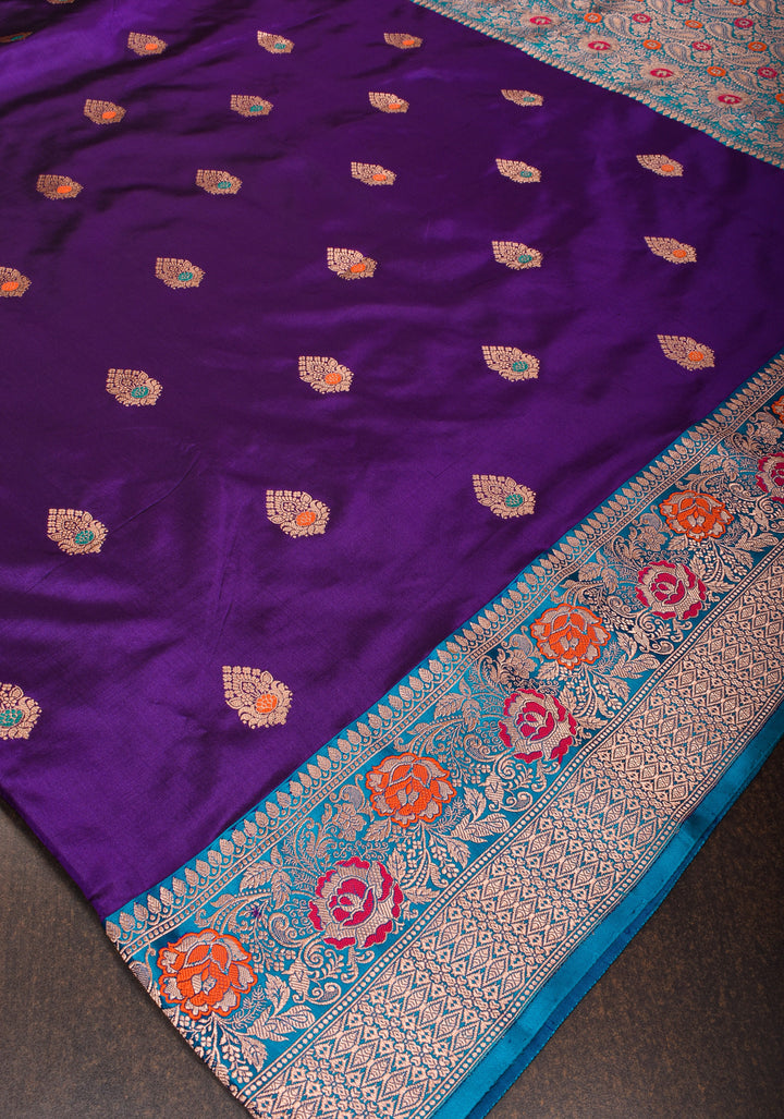 Banarasi Katan Silk Saree in Purple with Meenakari Buttas and Contrast Blue Borders| SILK MARK CERTIFIED