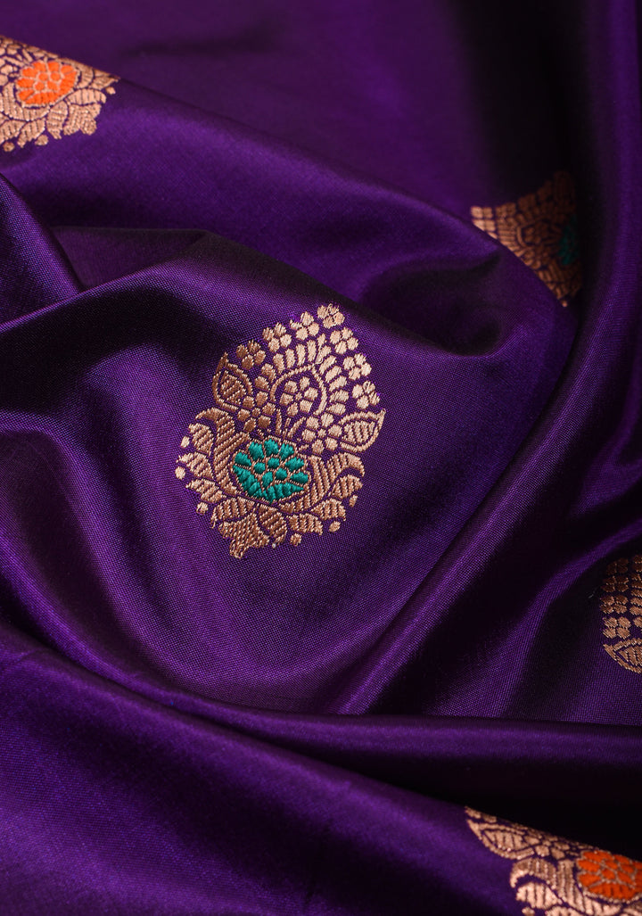 Banarasi Katan Silk Saree in Purple with Meenakari Buttas and Contrast Blue Borders| SILK MARK CERTIFIED