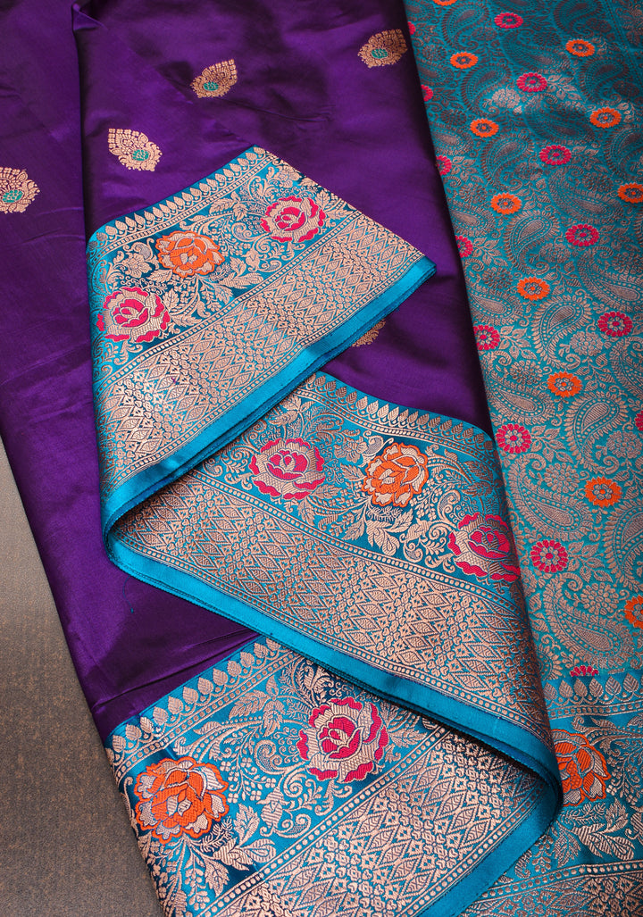 Banarasi Katan Silk Saree in Purple with Meenakari Buttas and Contrast Blue Borders| SILK MARK CERTIFIED