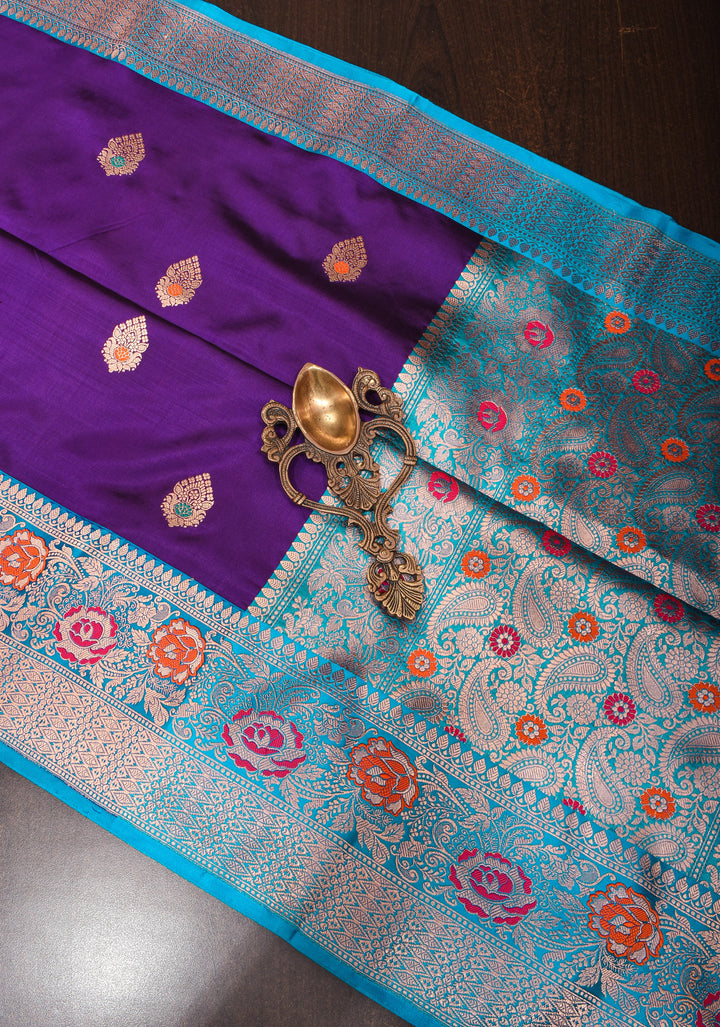 Banarasi Katan Silk Saree in Purple with Meenakari Buttas and Contrast Blue Borders| SILK MARK CERTIFIED