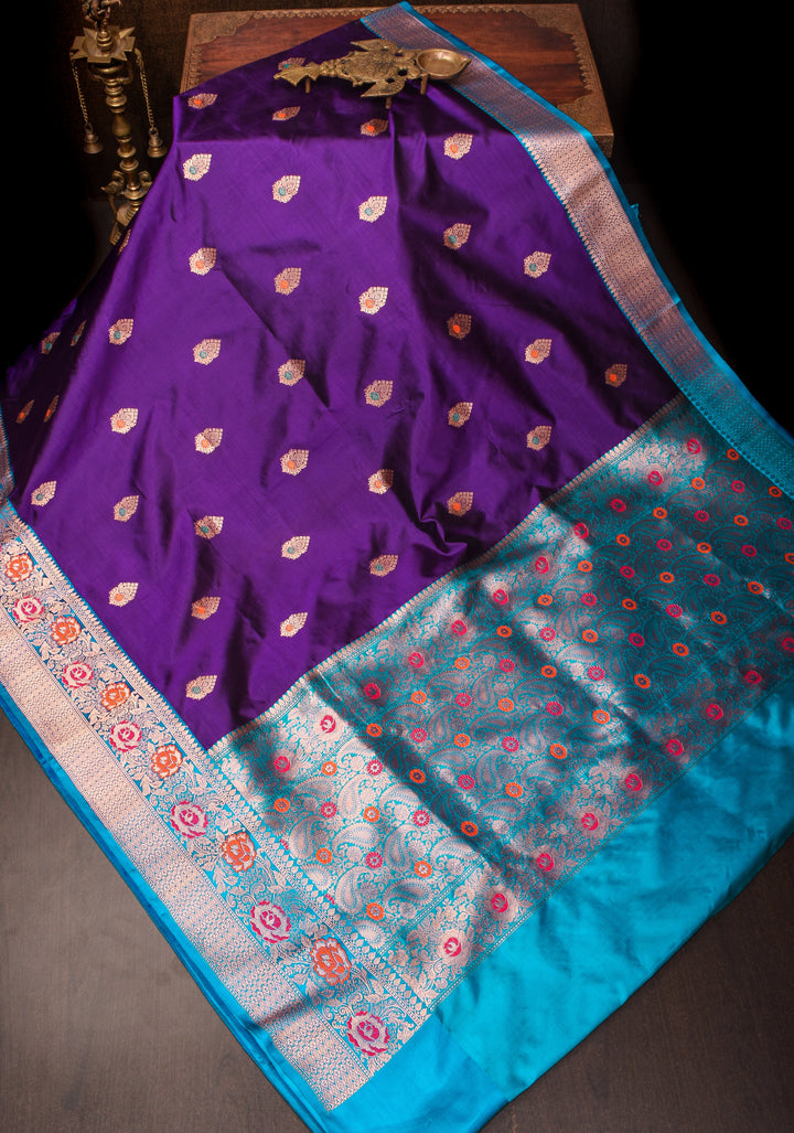 Banarasi Katan Silk Saree in Purple with Meenakari Buttas and Contrast Blue Borders| SILK MARK CERTIFIED