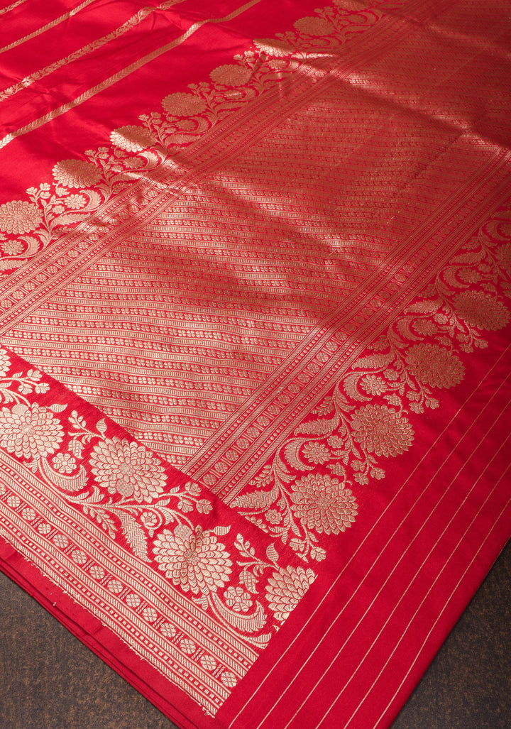 Stunning Red Banarasi Katan Silk Saree with Zari Stripes and Zari Border| SILK MARK CERTIFIED