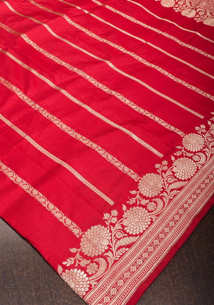 Stunning Red Banarasi Katan Silk Saree with Zari Stripes and Zari Border| SILK MARK CERTIFIED