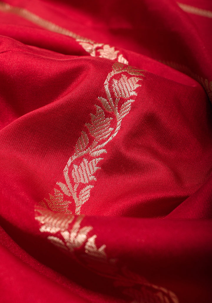 Stunning Red Banarasi Katan Silk Saree with Zari Stripes and Zari Border| SILK MARK CERTIFIED