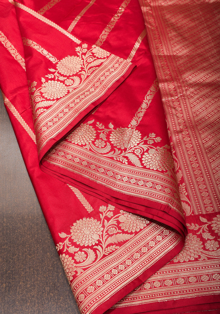 Stunning Red Banarasi Katan Silk Saree with Zari Stripes and Zari Border| SILK MARK CERTIFIED