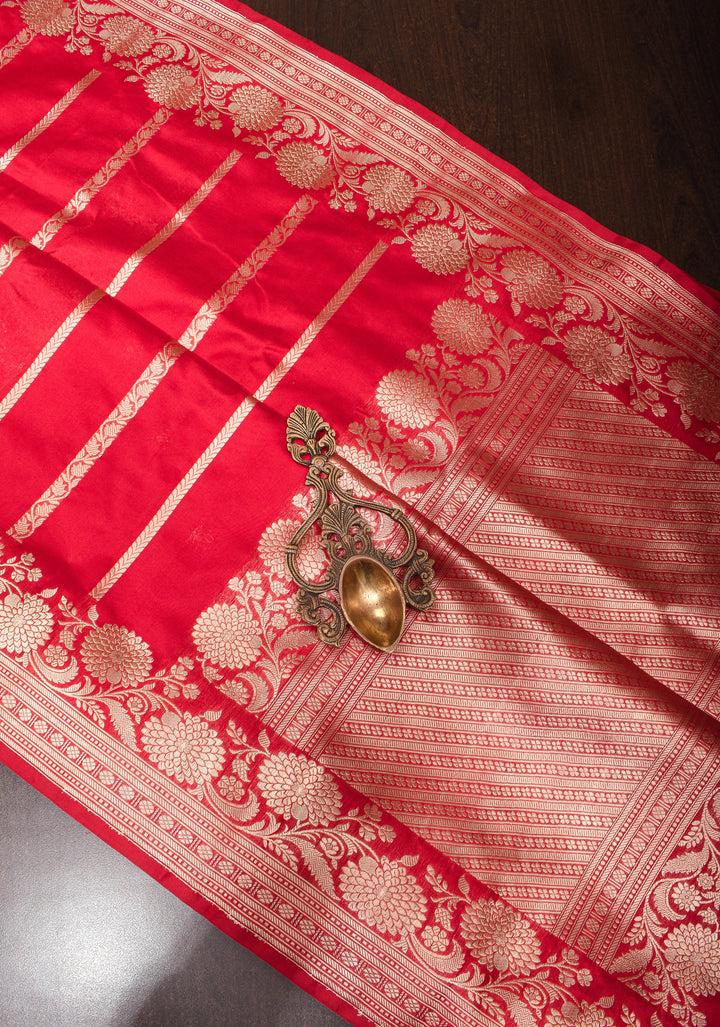 Stunning Red Banarasi Katan Silk Saree with Zari Stripes and Zari Border| SILK MARK CERTIFIED